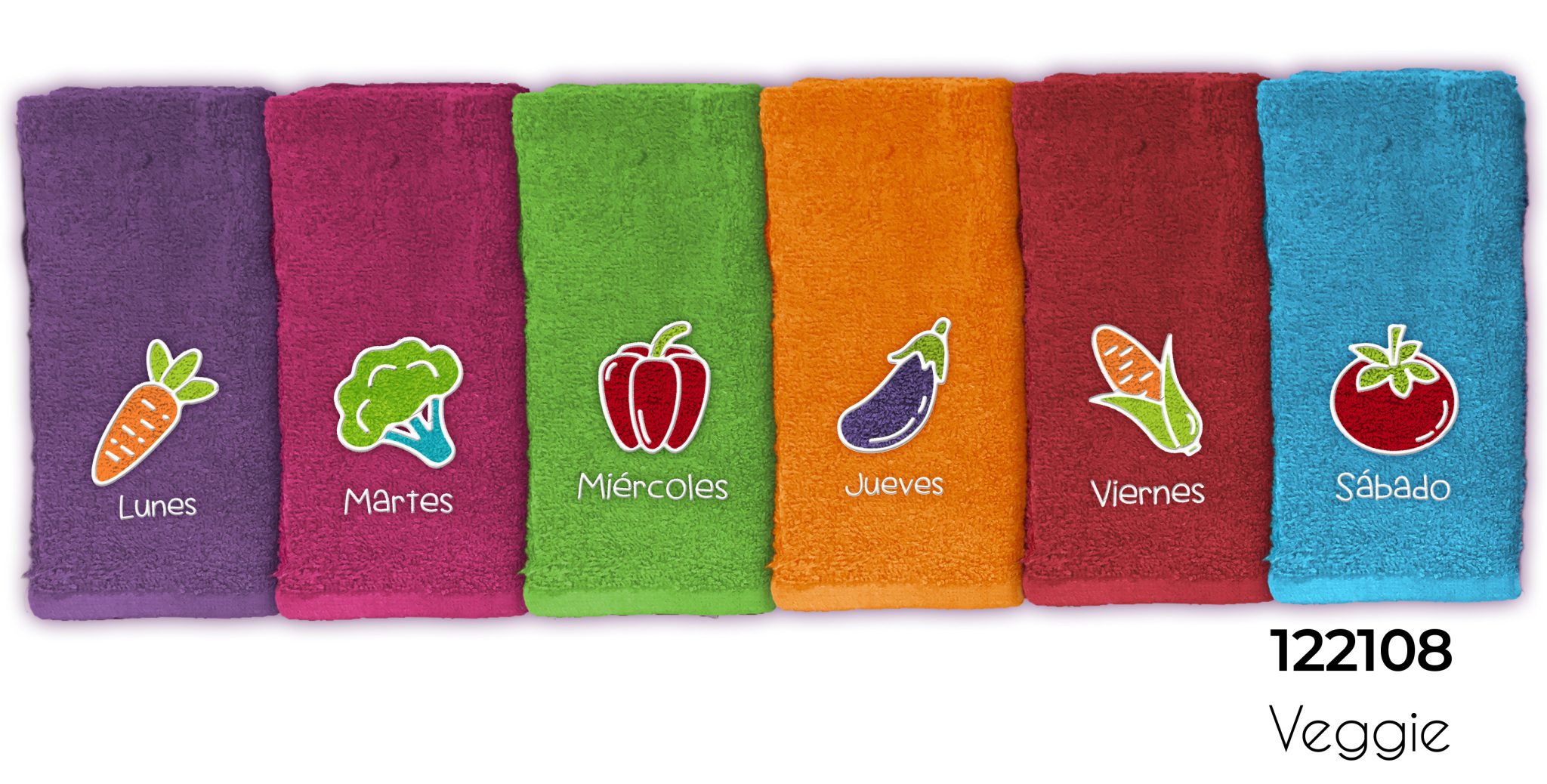 Paño de cocina rizo 100% algodón, 6 uds. bordados modelo Veggie